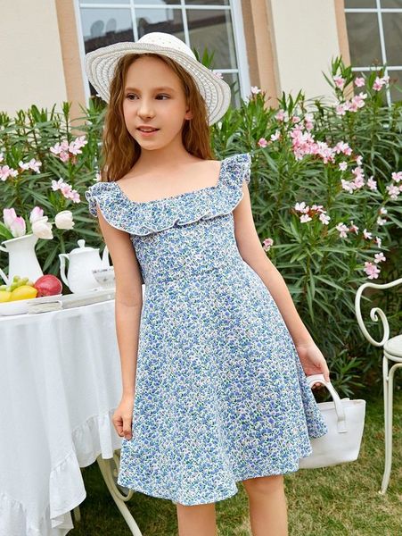 

girls ditsy floral print ruffle trim dress she01, Red;yellow