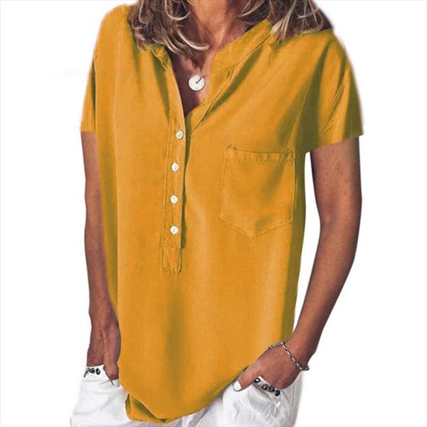 

womens blouse loose large size casual fashion solid color v neck short sleeved shirt shirt blouse drop shipping, White