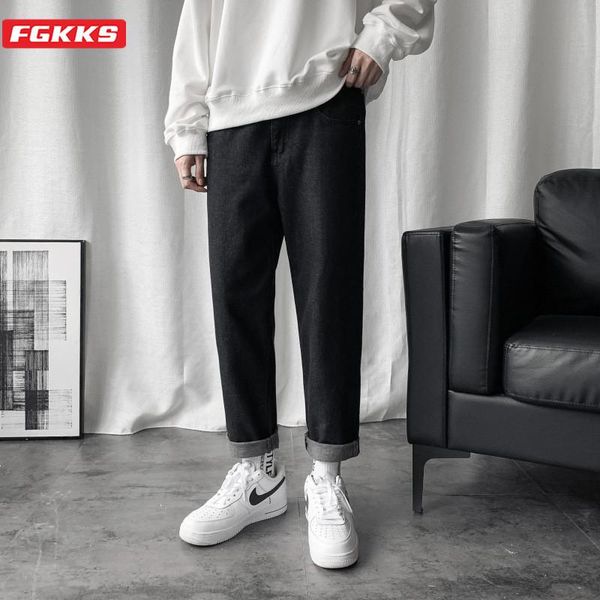 

fgkks trend brand men буквенные джинсы весна лето мужская мода тонкий карандаш брюки джинсовые сплошной цвет повседневный джинсы мужской, Blue