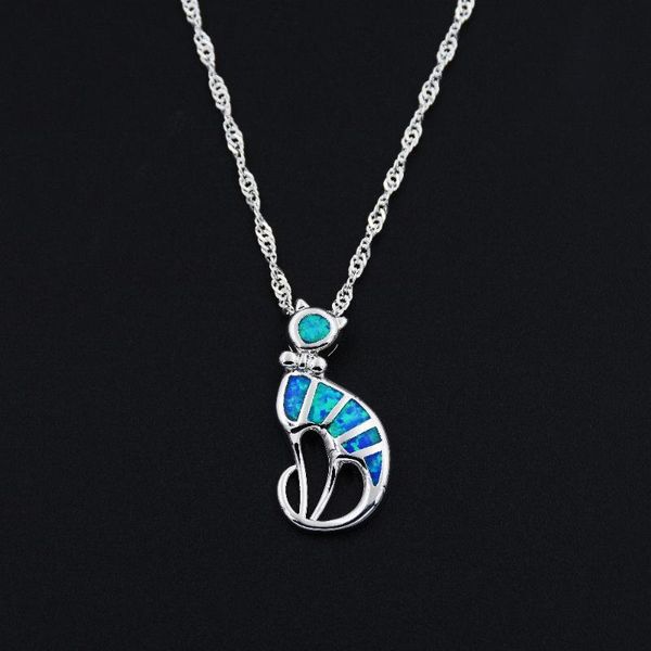 

chains ocean blue opal cute cat pendant necklace with lab-created, Silver