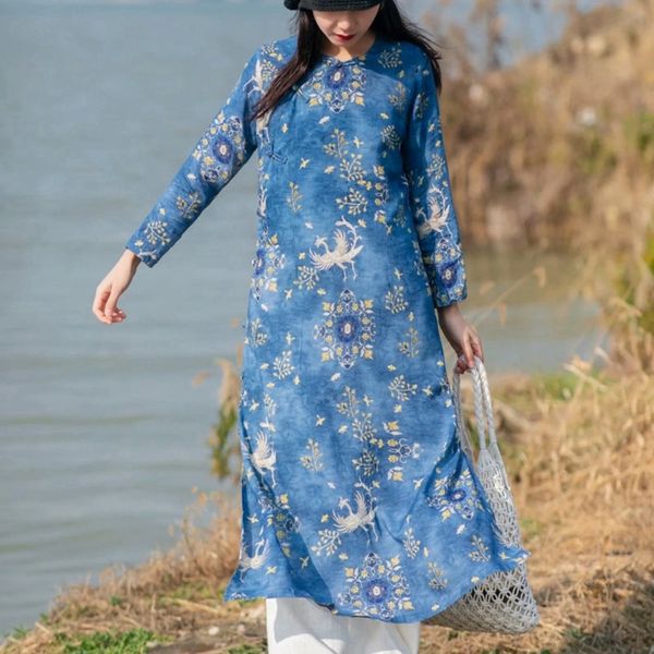 

autumn new chinese style ethnic styleround dress dressnational dressneck lapel flower cotton and linen loose long sleeve dress etatj, Black;gray