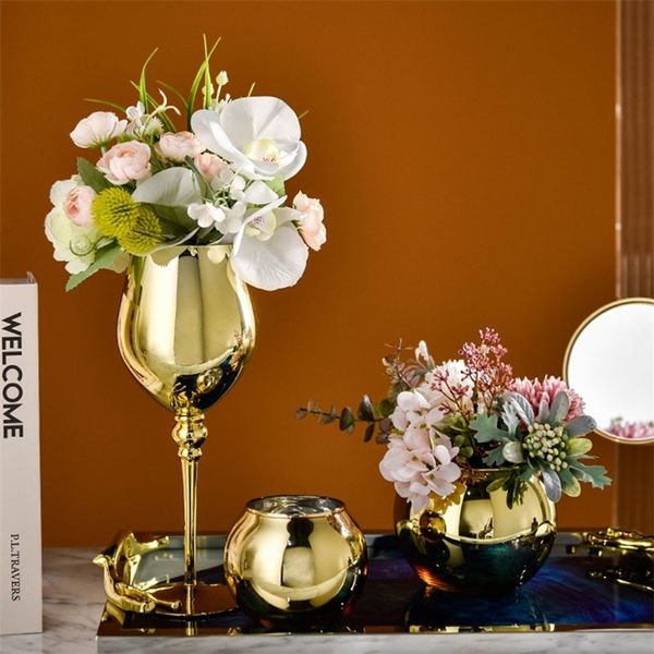 Nordic luxo banhado a ouro pequeno vaso de vidro jantar mesa seca vaso vaso casa decoração macia sala decoração ornamentos de casamento lj201208