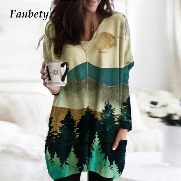 

women elegant mountain print shirt blouse 2020 autumn casual long sleeve pullover ladies v-neck loose blusa streetwear1, White