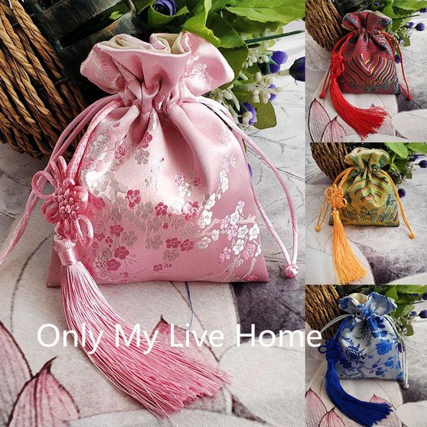 

latest large chinese knot decorative jewelry gift bags silk brocade pouch suede lined drawstring empty sachet bags storage 1pcs, Pink;blue