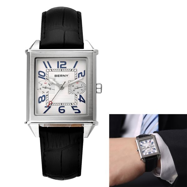 

berny mens watches japanese quartz movemnet leather strap watch chaussure homme gentlemen casual fashion wristwatch t200409, Slivery;brown