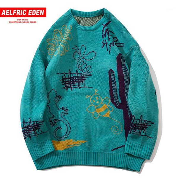 

aelfric eden graffiti knitted sweater hip hop streetwear sweater oversize men autumn harajuku pullover men clothing loose black1, White;black