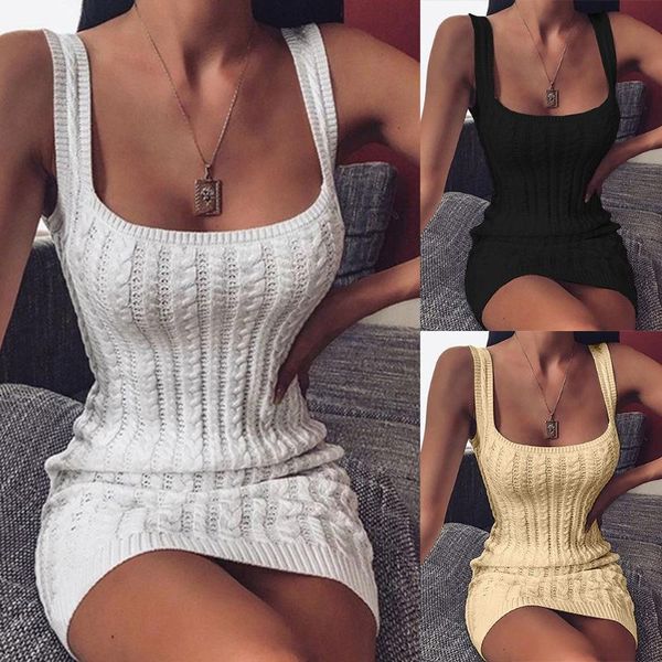 

women knitwear sweater dress solid color u neck sleevelesss dress mini above knee comfortable strappy sukienka damska, Black;gray