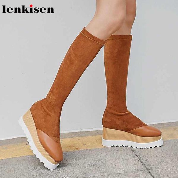 

lenkisen thick bottom waterproof cow leather flock stretch boots mixed colors square toe winter warm women thigh high boots l05, Black