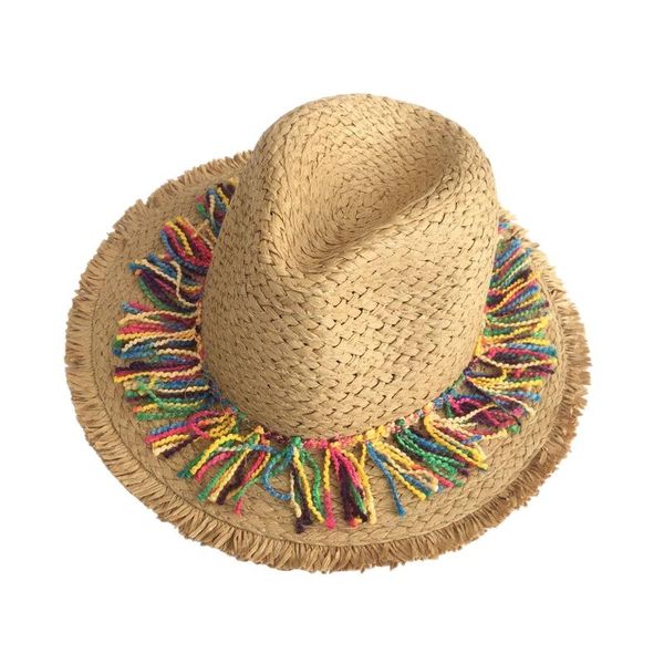 

wide brim hats colorful tassel ribbon decorate straw hat shading sun lady fashion beach jazz summer for woman, Blue;gray