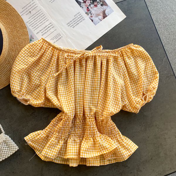 

2021 new "singiny retro chess female blouse slash neck puff sleeves frilly summer off the shoulder short " ezsf, White