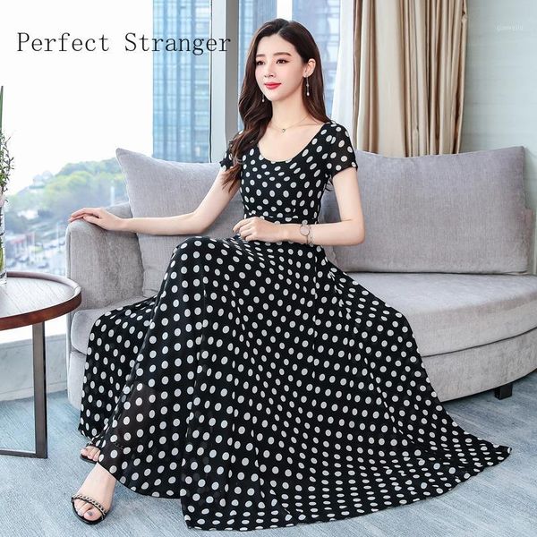 

2020 new arrival round collar short sleeve dot printed chiffon women long dress plus size1, Black;gray