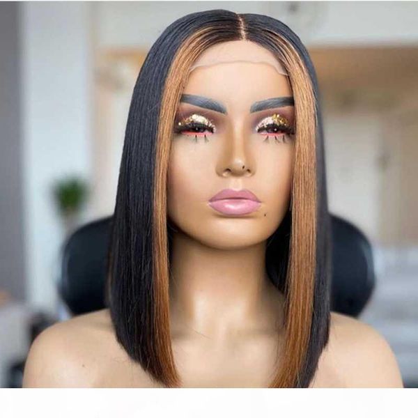 

4x4 m straight bob wig ombre highlight wig 150% lace front human hair wigs for black women brazilian remy hair lace closure, Black;brown