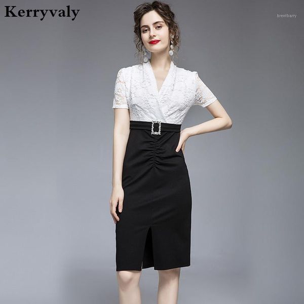 

summer elegant lace stitching contrasting pleated french hepburn dress women dresses party night club dress 2020 k69361, Black;gray