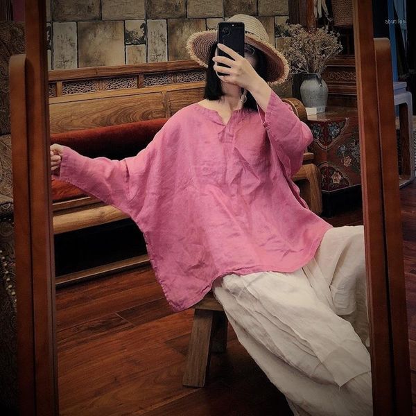

women's blouses & shirts johnature vintage pink linen v-neck 2021 women long batwing sleeve autumn casual loose retro solid color blous, White