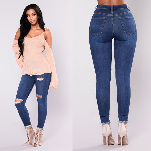 

fashion women designer jeans plus size womans clothes womens femme ripped jeans woman high waist elastic force hole pencil pants dj332, Blue