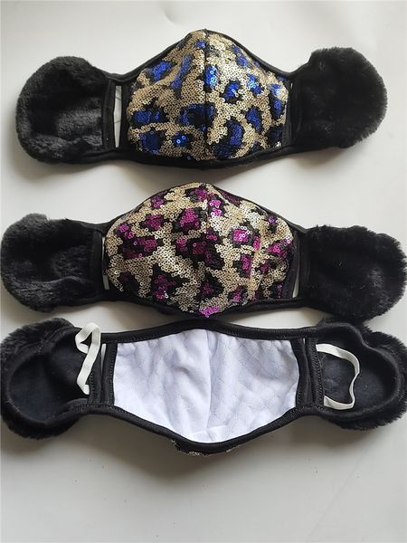 

3 colors sequins face mask kids winter masks with plush fleece fur earmuff shiny sequined breathable facemask for outdoor ski e102301, Black;white