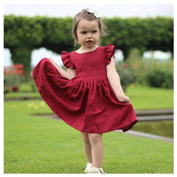 

girl's dresses princess girls pleated bridesmaid prom solid little flying sleeve cotton baby summer dress weeding vestidos de verano1, Red;yellow