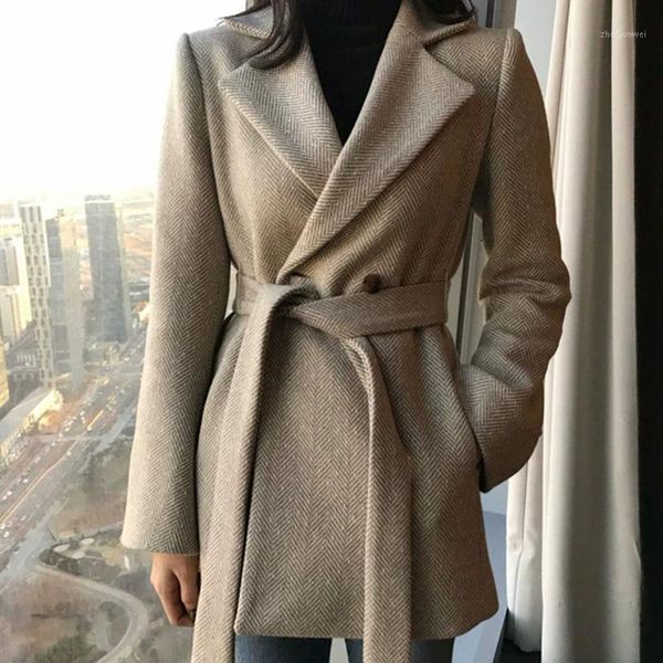 

warm women woolen coat elegant women blends jacket sashes outwears 2021 new winter slim suit collar abrigo mujer blazer coat1, Black