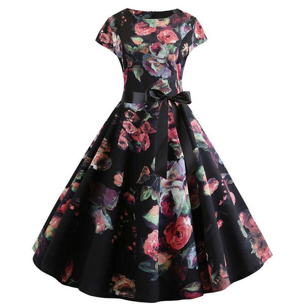 

waist hepburn digital print big swing long skirt dress, Black;gray