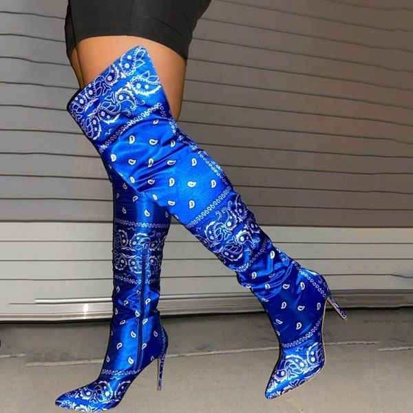 

high heel fancy soft bandana upper women over knee high boots side half-zip thin heel thigh booties for ladies big size 43, Black