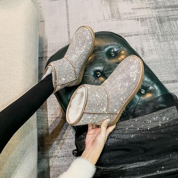 

женщины boots 2020 зима новый снег boots женщины плоский полный стразы plus velvet толстый хлопок мода плюс размер 33-43, Black