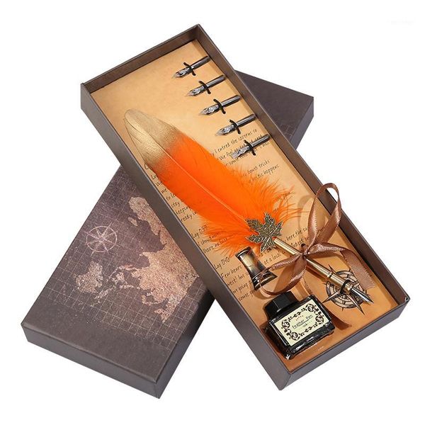 

fountain pens dip ink quill vintage feather pen creative office business gift writing calligraphy metal box set1