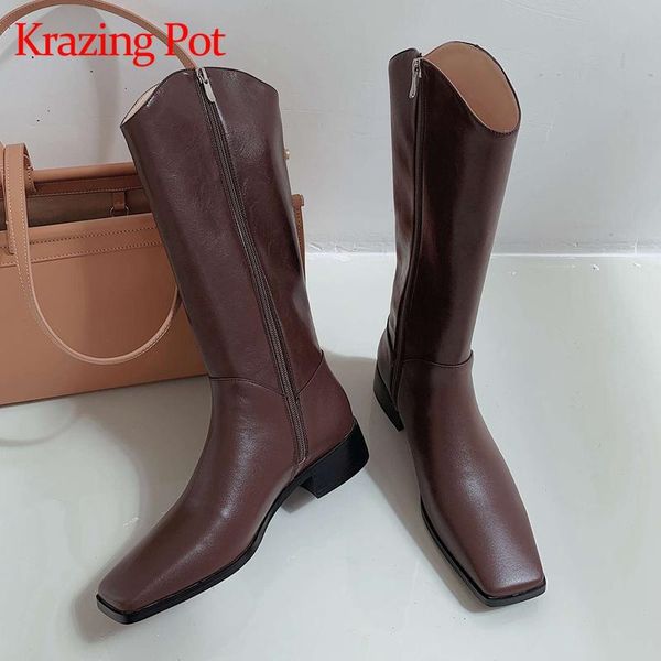 

boots krazing pot genuine leather square toe med heel concise style winter shoes keep warm solid gentlewomen cozy knee-high l81, Black