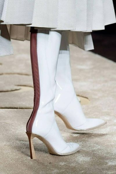 

fashion striped zipper knee high boots women pointed toe wooden high heels runway boots fashion women patent leather long, Black