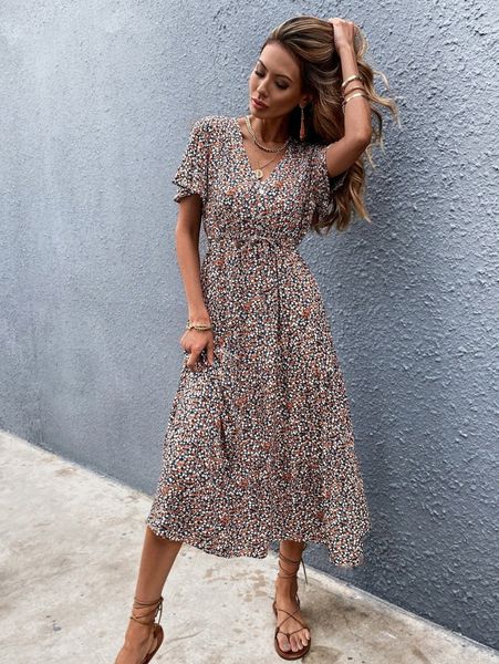 

ditsy floral flutter sleeve drawstring dress without belt o24y#, Black;gray