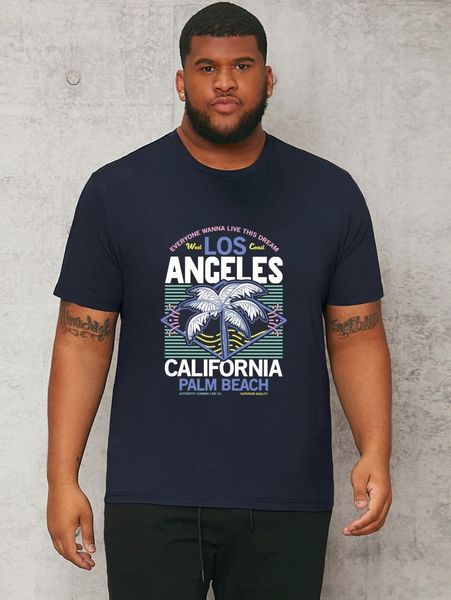 

extended sizes men letter & coconut tree print tee 038v#, White;black