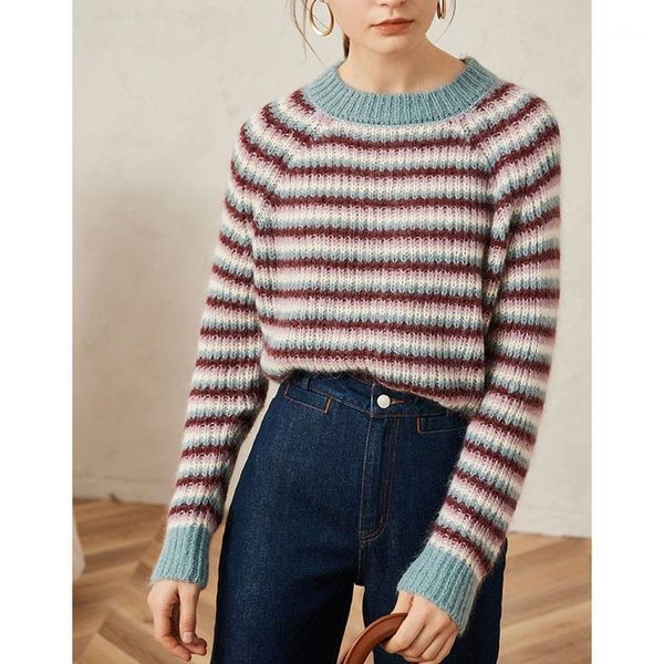 

women's sweaters women sweater 2021 autumn and winter mohair colorblock striped thick knit sweater1, White;black