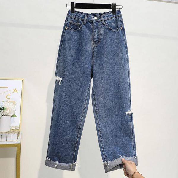 

cocoepps autumn plus size hole straight jean women high waist casual loose denim pant large size wide leg jean trousers 4xl 5xl1, Blue