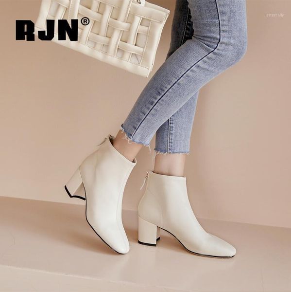 

boots rjn autumn elegant round head women's ankle comfortable genuine leather thick heel zipper short plush shoes ro1471, Black
