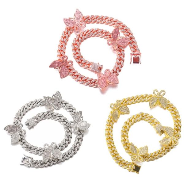 

chains 12mm miami cuban link chain butterfly rappers necklace cubic zirconic choker with removable charm 20inch, Silver