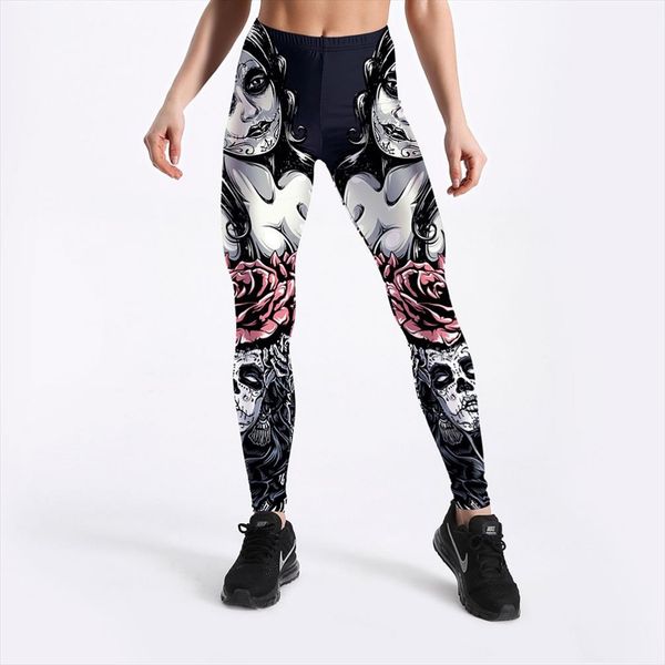 

new arrival women leggings girl with roses printed leggings gothic fitness workout mid waist pants s 4xl, Black