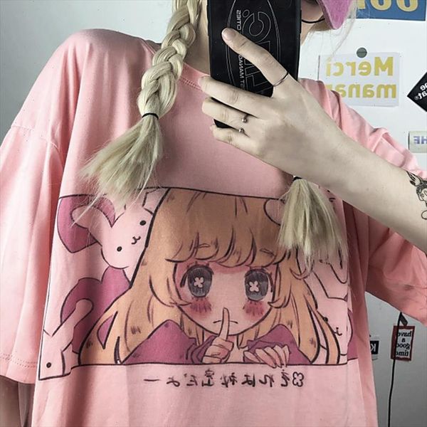 

cute cartoon sweet girls japanese streetwear harajuku pink fun kawaii casual ulzzang vintage loose new summer women t shirt, White