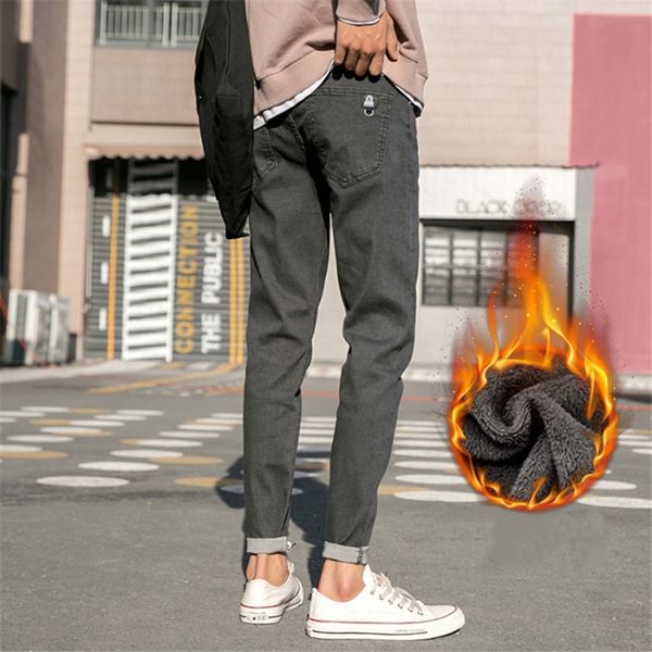 

fall winter plus velvet jeans men's stretch slim jogger pants fashion trendy street male thick long casual soft denim trousers q0105, Black;white