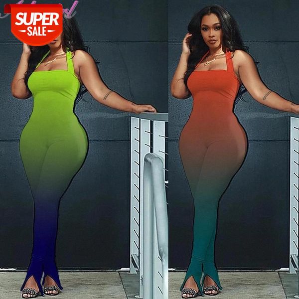 

gradient halter backless sleeveless party club flasexre pants jumpsuit bandage hollow out outfit one piece rompers overalls #te5q, Black;white