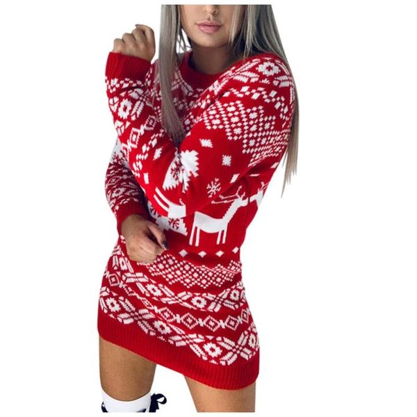 

christmas dress women autumn streetwear casual o neck elk snowflake christmas xmas pullover sweater falda de navidad @40, Black;gray