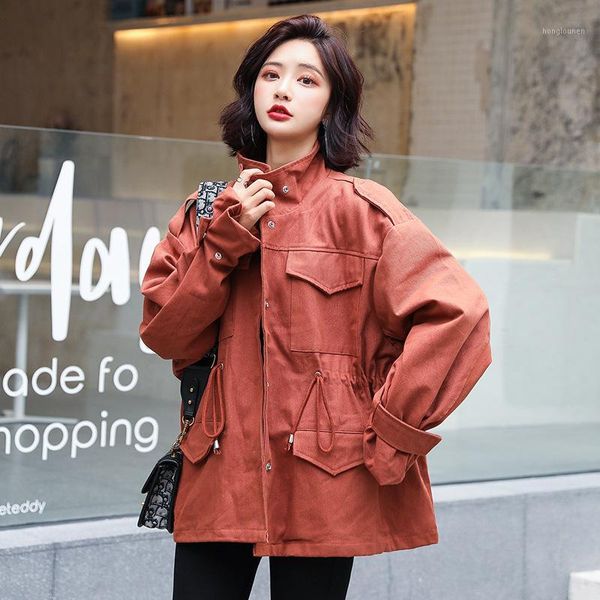 

ewq]bat sleeved long sleeve loose plus size khaki trend coat feminino coats koreatrench coat slim outwear 2019 autumn new qk7461, Tan;black