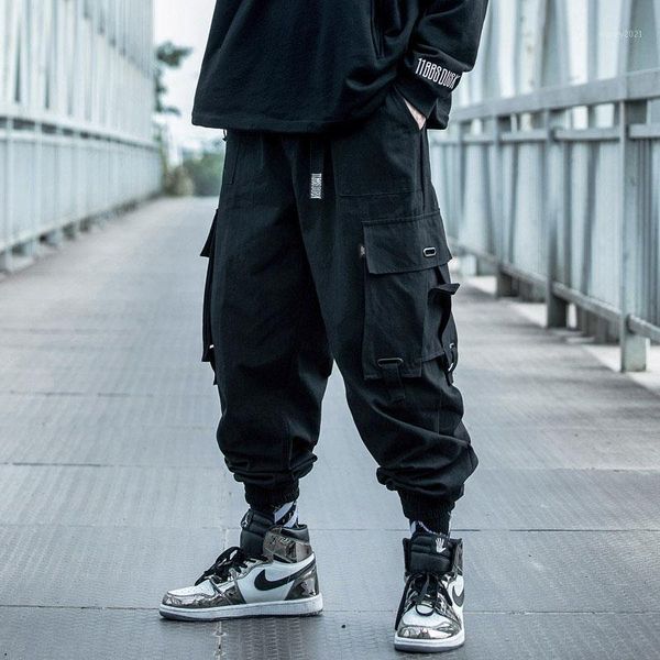 

men's pants 2021 hip hop streetwear mens joggers black men harem multi-pockets ribbon male sports man casual ankle length1