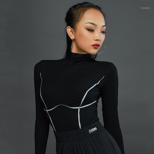 

fashion ballroom latin dance costumes for women black high collar long sleeve shirts practice clothes latin dance wear dqs59031, Black;red
