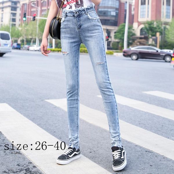 

women's jeans big size blue stretch women large female long hole pencil pants korean thin
