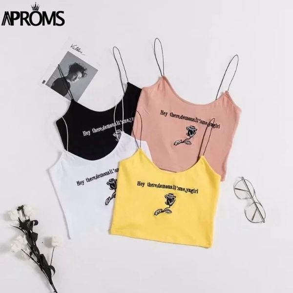 

aproms streetwear rose embroidery basic camis women high fashion candy stretch crop 90s cool girls short bustier tank t200706, White