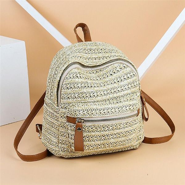 

women's rattan wricker backpack new soild color straw woven home storage bags ladies fashionable traveling storage pack sale