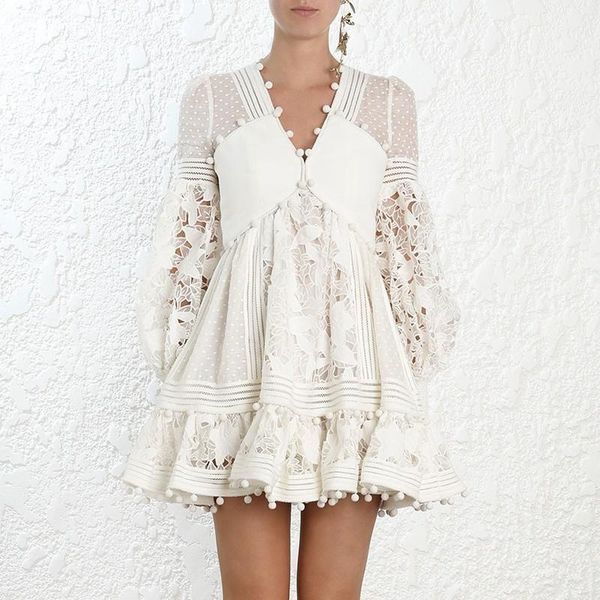 

2020 summer white women dress lace mesh hollow out perspective party dress vestidos v-neck lady mini1, Black;gray