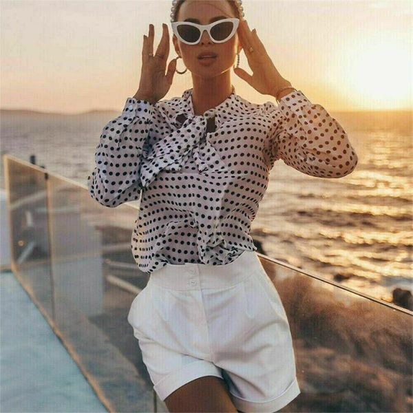 

women's blouses & shirts womens fit long sleeve v-neck casual basic tunic blouse office lady bow collar dot blouse1, White