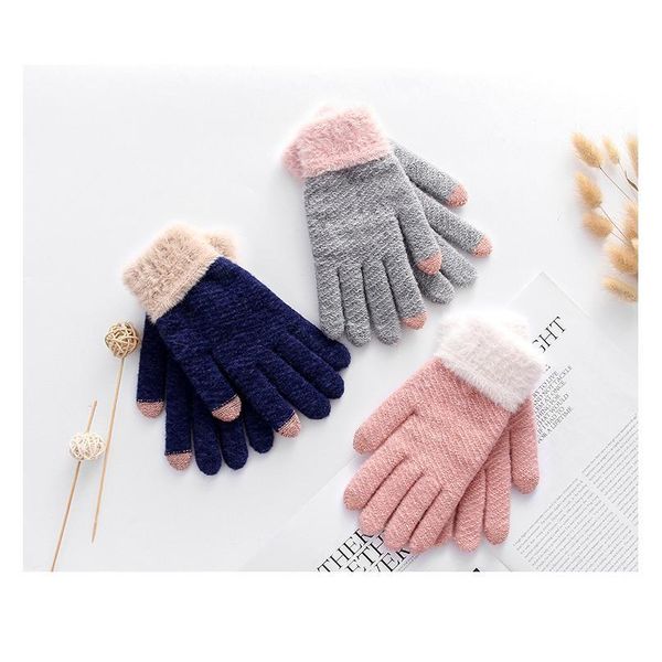 

touch screen glove woman winter keep warm thickening knitting gloves lovely wool imitate plush mink the five fingers hiv jllvlq, Black