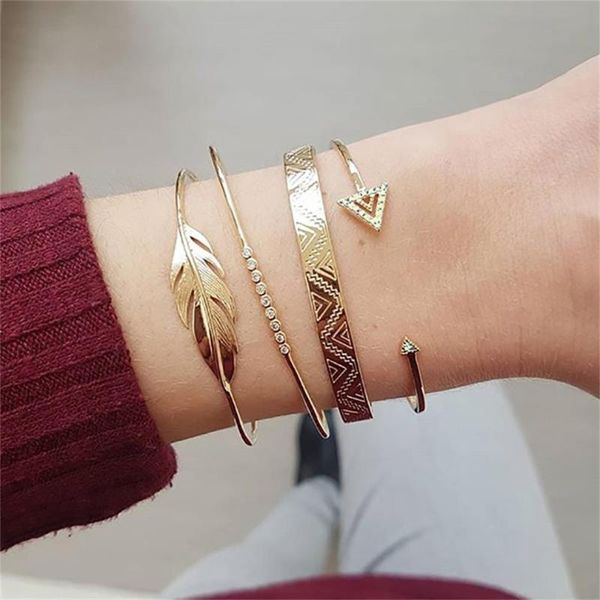

4pcs/set punk leaf triangle crystal open gold bracelets fashion women party multilayer bracelet jewelry female bracelet set, Black