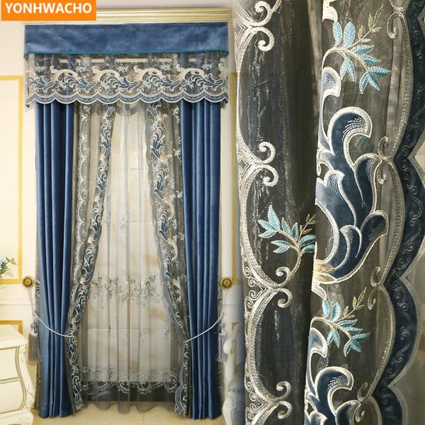 

custom curtains luxury german cotton velvet laser hollow embroidery blue thick cloth blackout curtain tulle valance drape b316